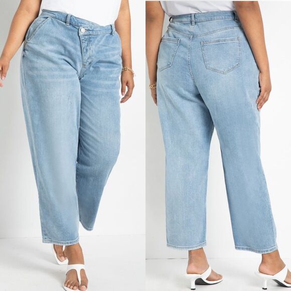 Eloquii Relaxed Jean with Overlap Waistband Light Wash Blue - Picture 3 of 14